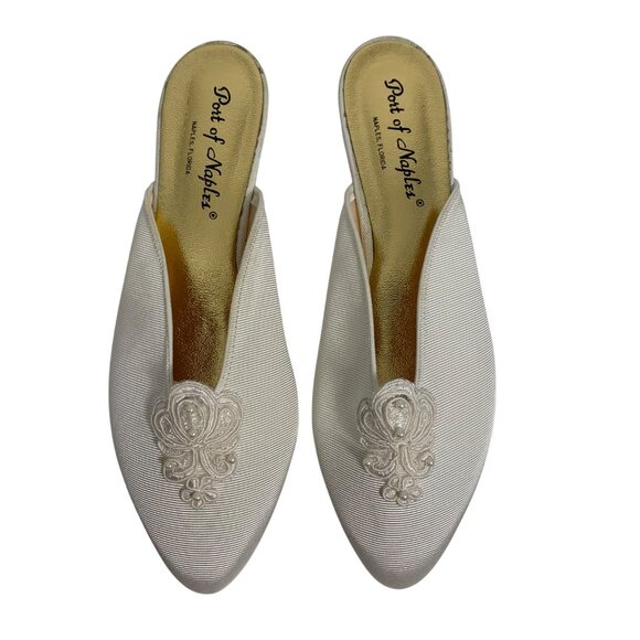 Port Of Naples Womens Ivory Slip-On Embroidered Mules Made In Italy Size 10B - Picture 2 of 9
